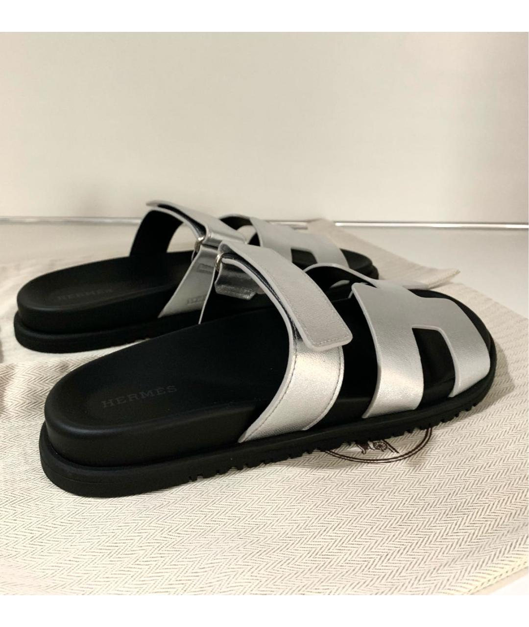 HERMES Серебряные кожаные шлепанцы, фото 3