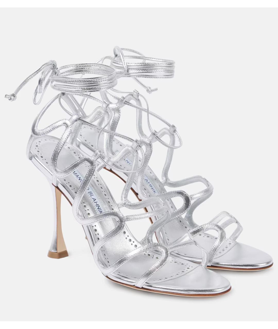 MANOLO BLAHNIK Серебряные кожаные босоножки, фото 6