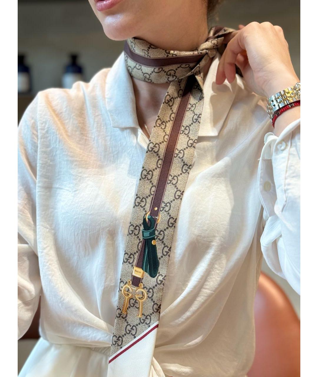GUCCI Бежевый шелковый шарф, фото 2
