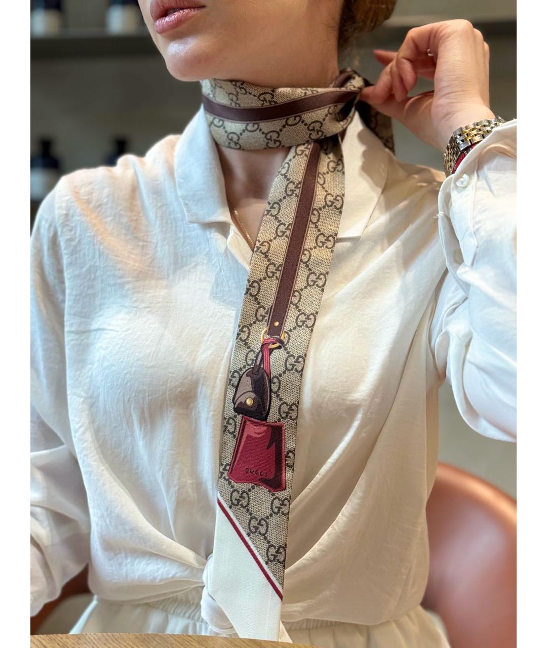 GUCCI Бежевый шелковый шарф, фото 3