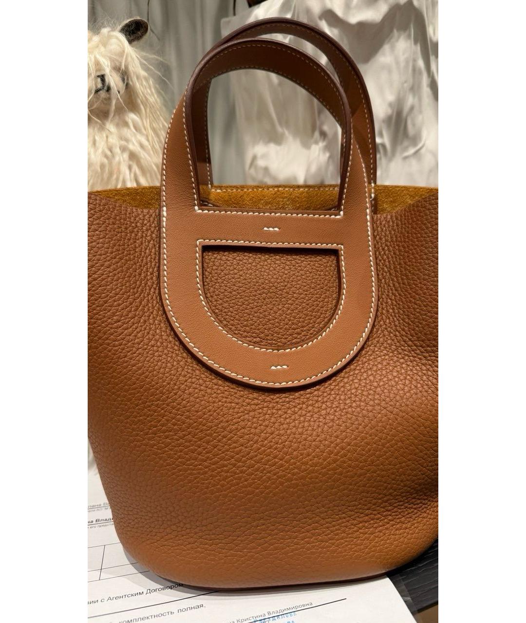 HERMES Коричневая кожаная сумка с короткими ручками, фото 3