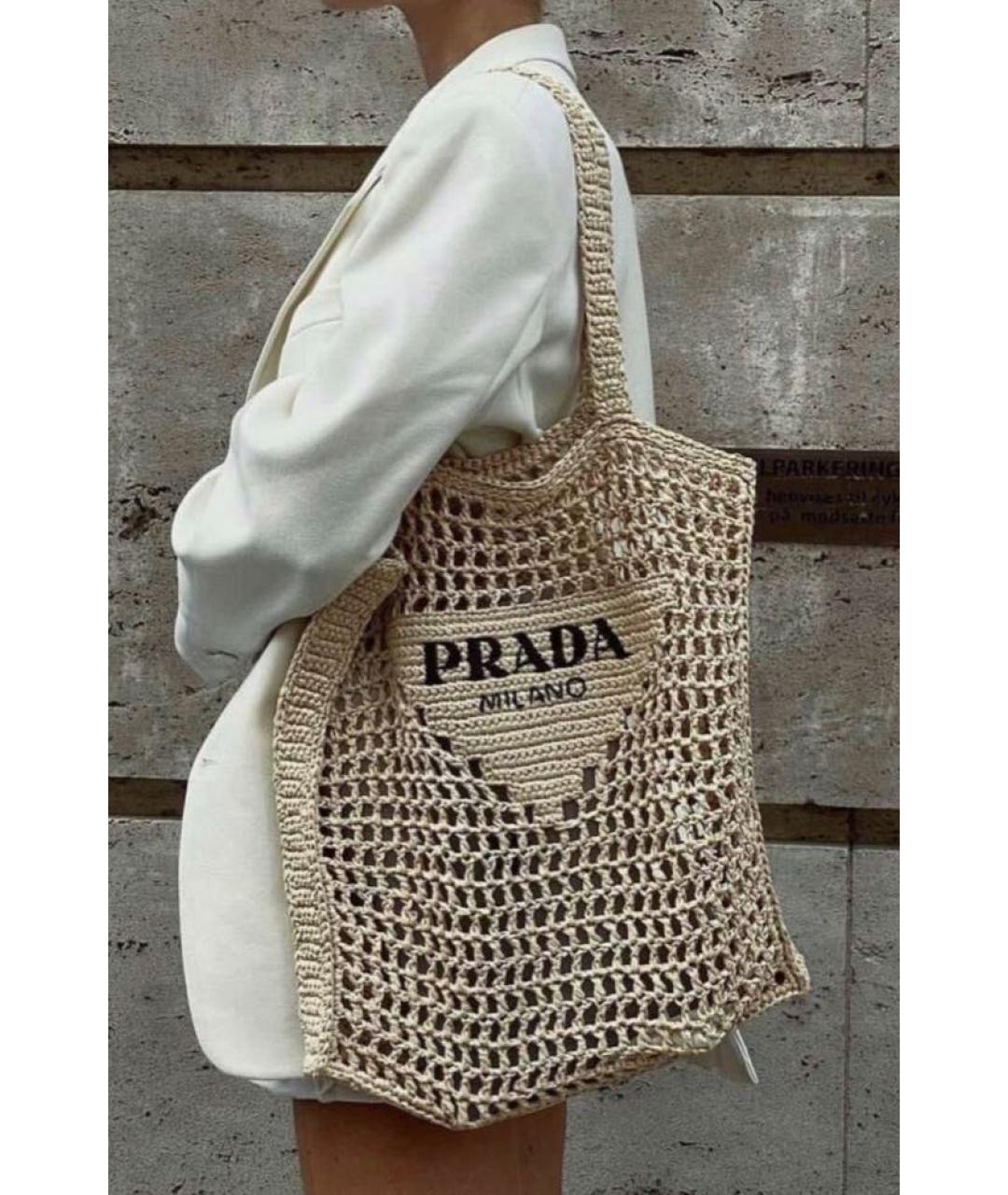 PRADA Бежевая пелетеная пляжная сумка, фото 7