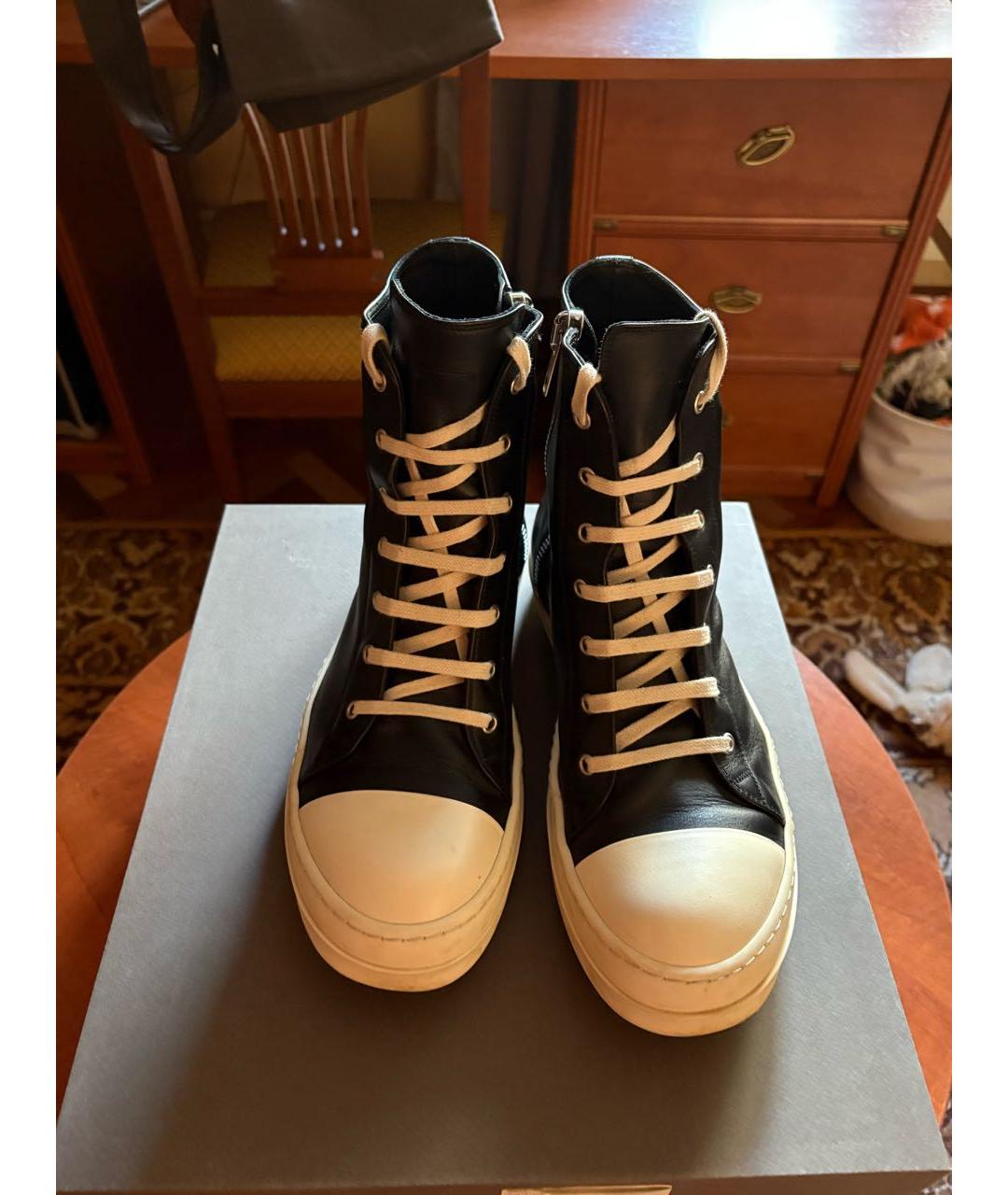 RICK OWENS Черные кожаные высокие кроссовки / кеды, фото 2