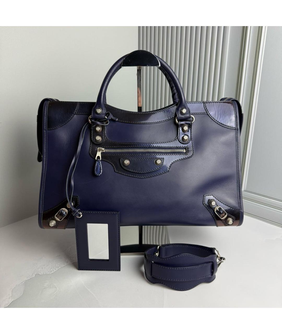 BALENCIAGA Темно-синяя кожаная сумка с короткими ручками, фото 9