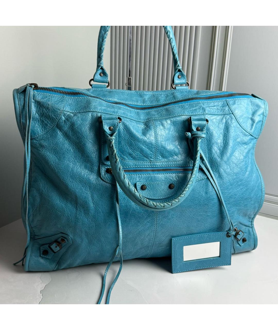 BALENCIAGA Голубая кожаная сумка с короткими ручками, фото 2