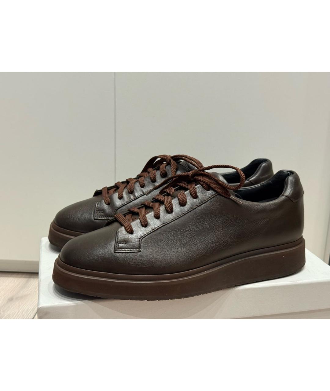 SANTONI Коричневые кожаные низкие кроссовки / кеды, фото 6