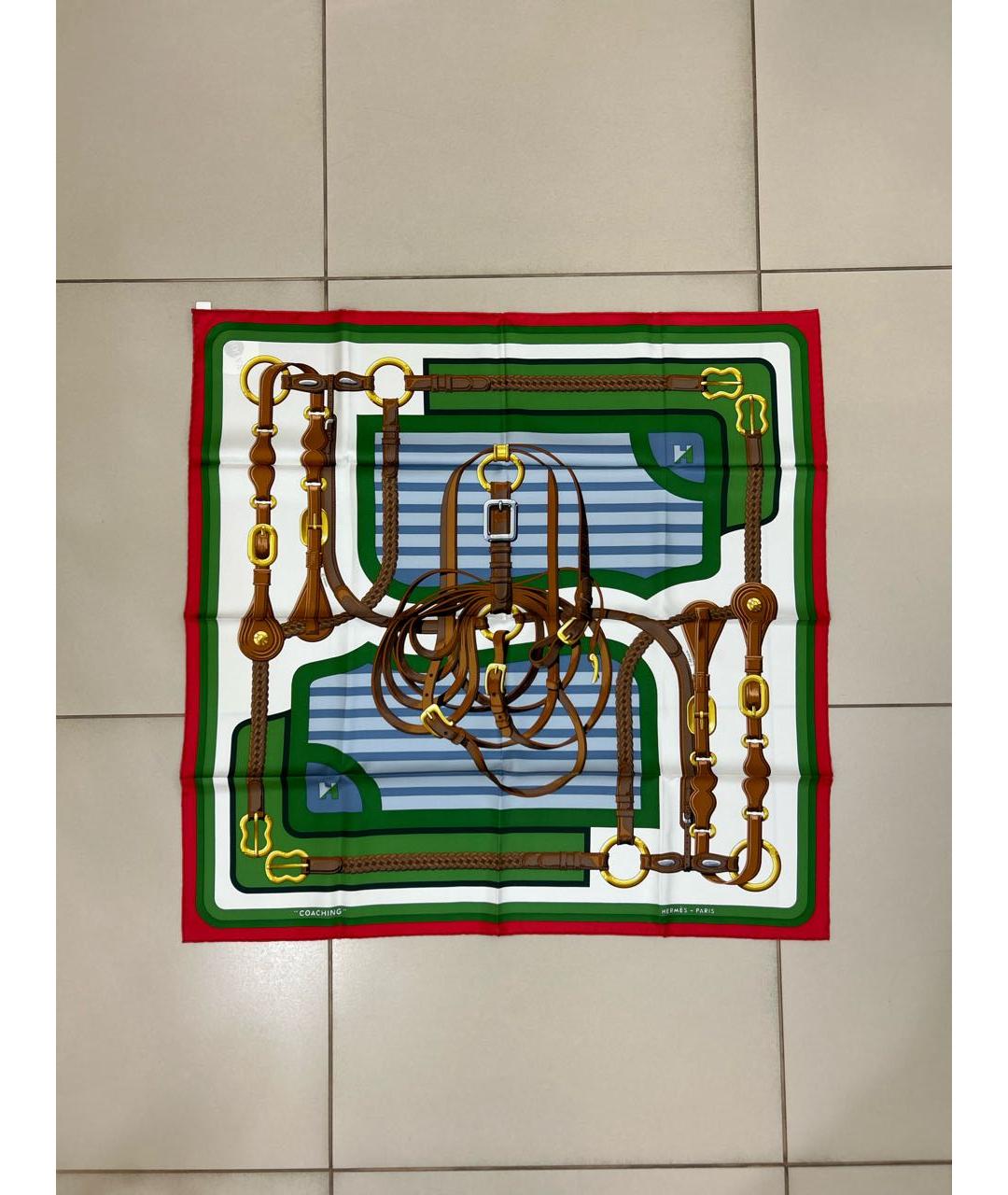 HERMES Зеленый шелковый платок, фото 5