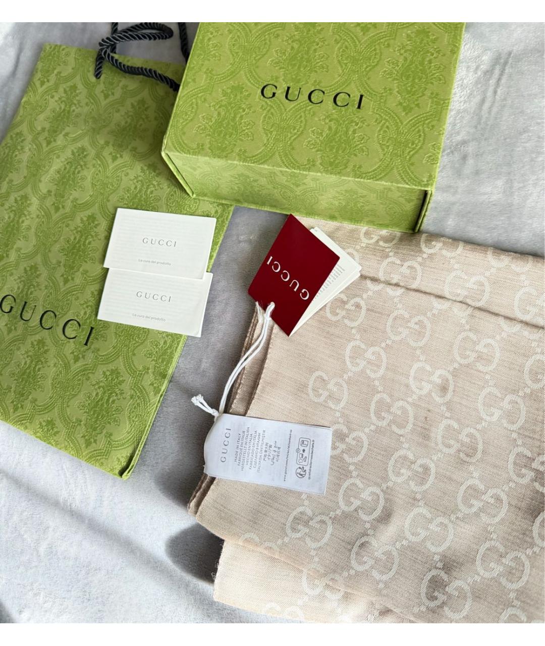 GUCCI Бежевый шерстяной шарф, фото 4
