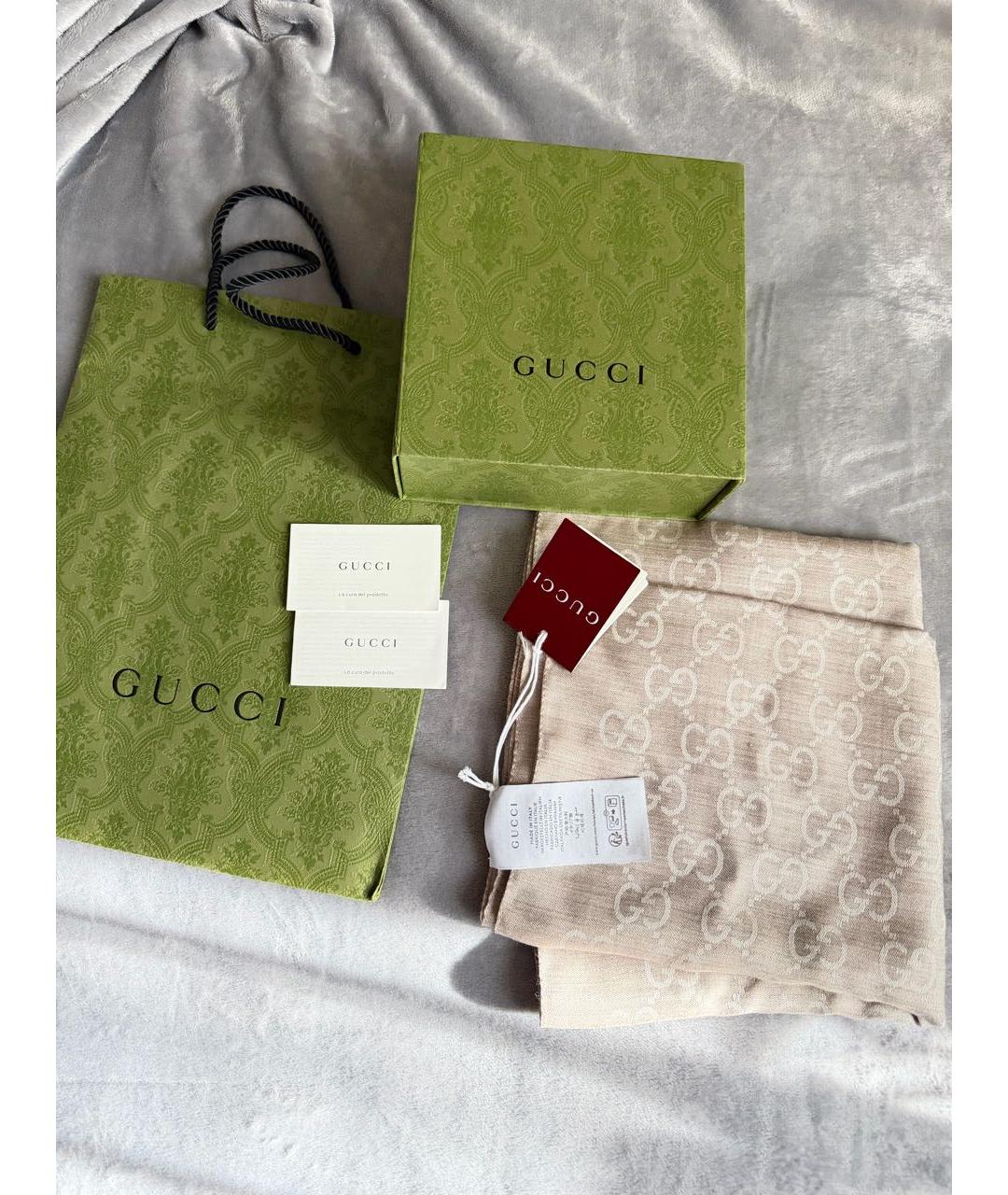GUCCI Бежевый шерстяной шарф, фото 3