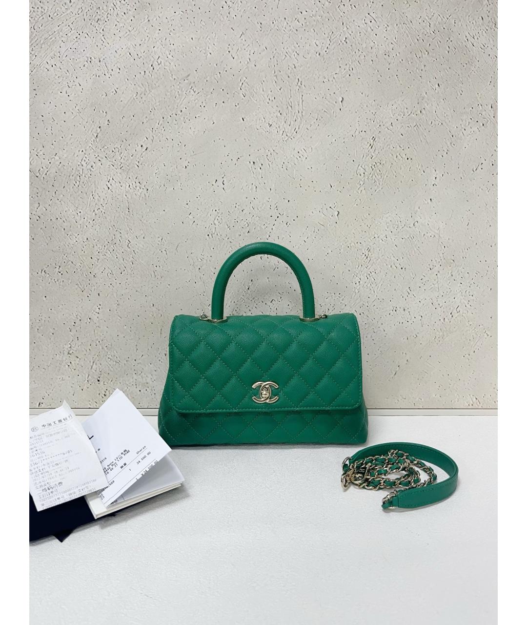 CHANEL Зеленая кожаная сумка с короткими ручками, фото 7