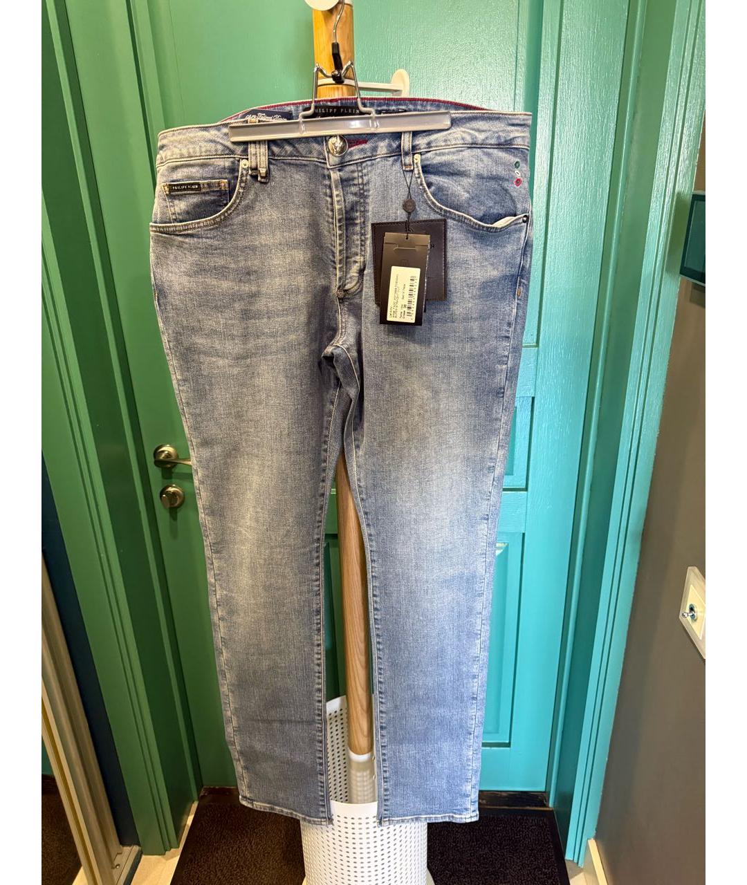 PHILIPP PLEIN Голубые хлопко-эластановые джинсы скинни, фото 4