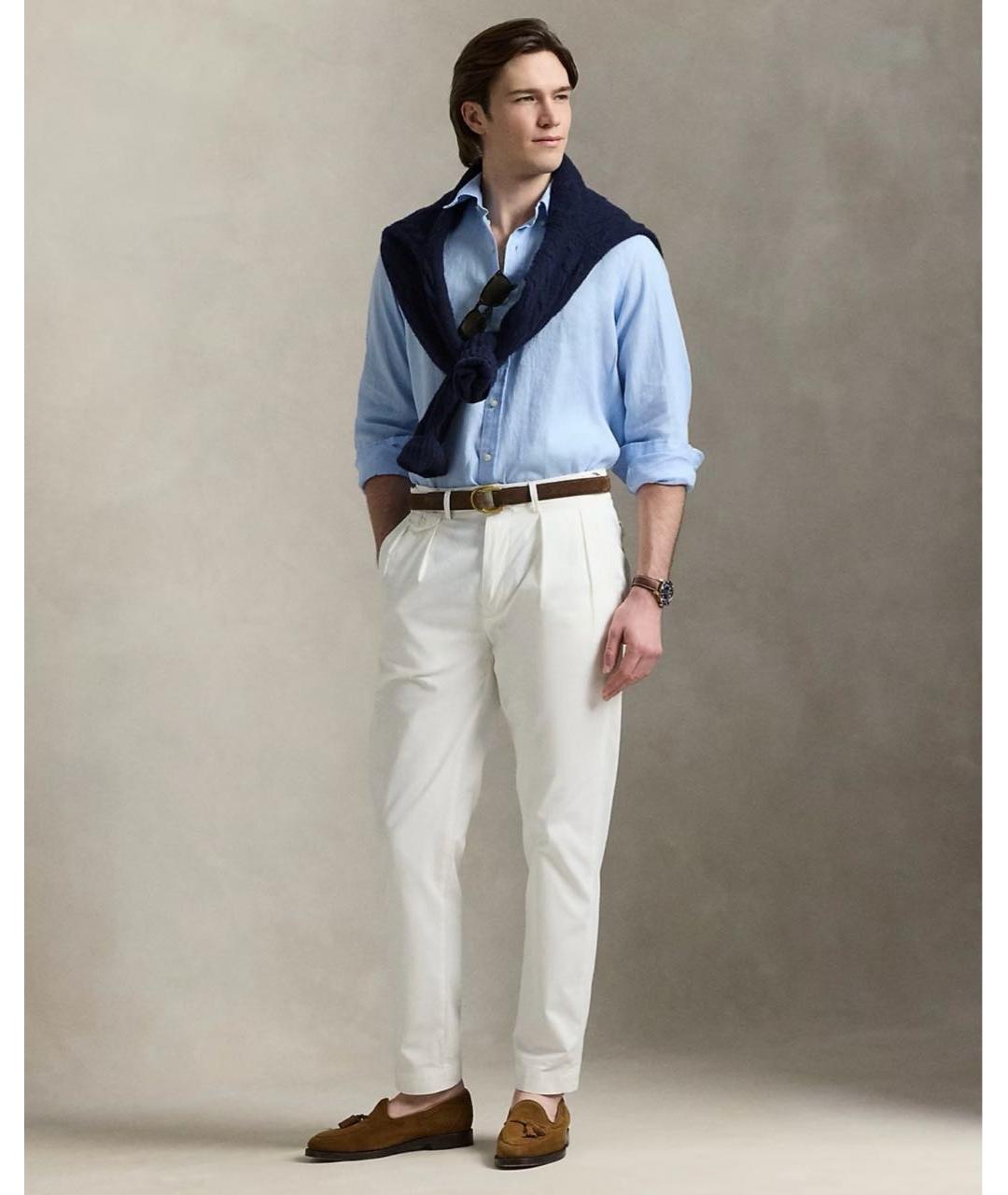 POLO RALPH LAUREN Голубая льняная кэжуал рубашка, фото 3