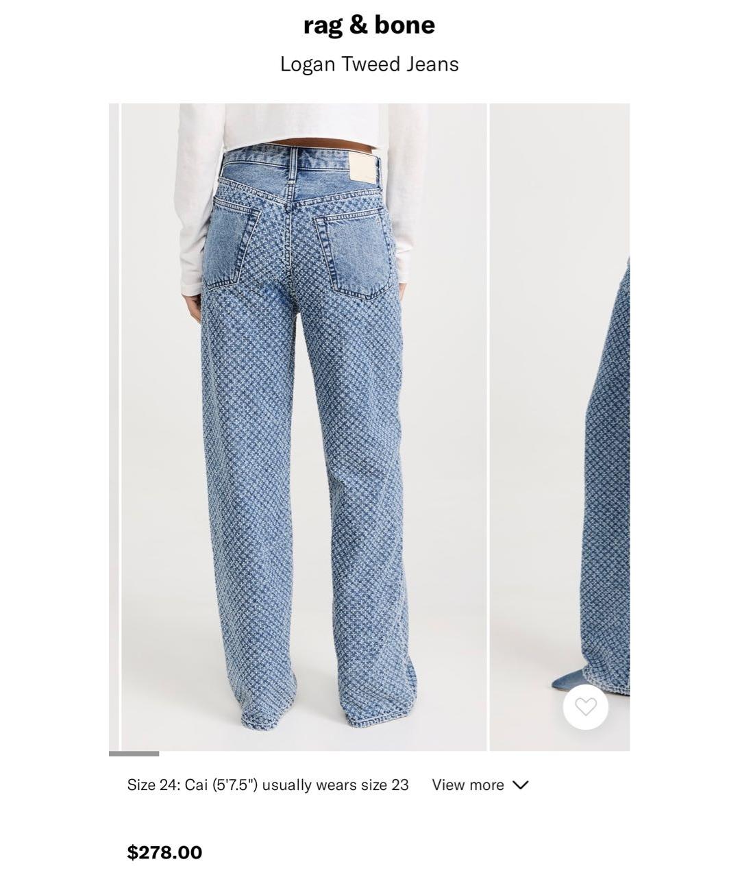 RAG & BONE Голубые хлопковые прямые джинсы, фото 8