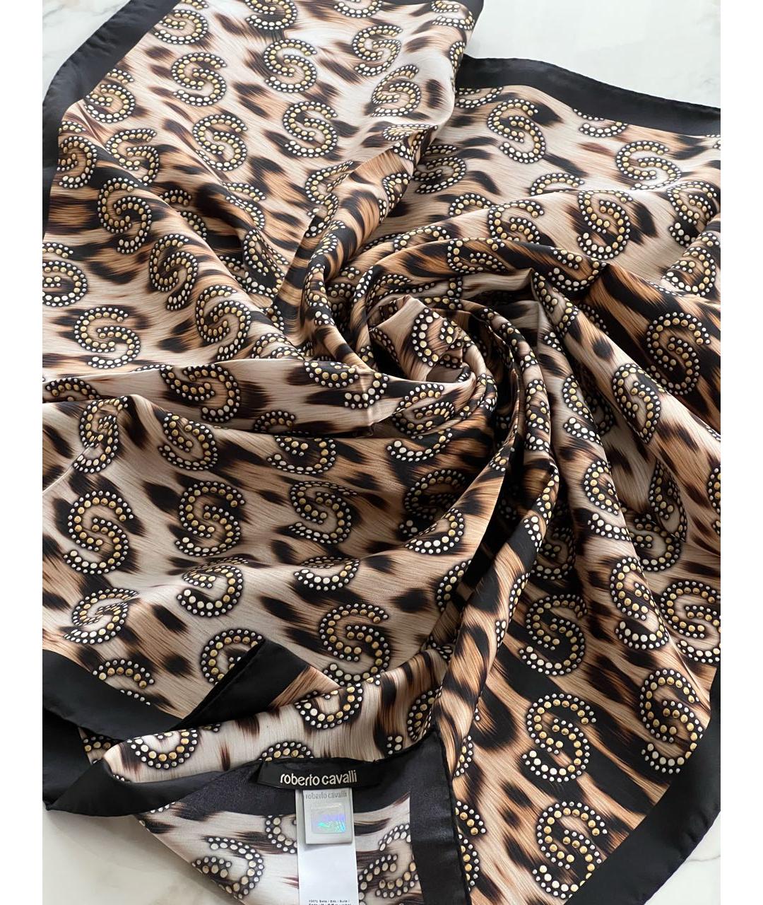 ROBERTO CAVALLI Коричневый шелковый платок, фото 7