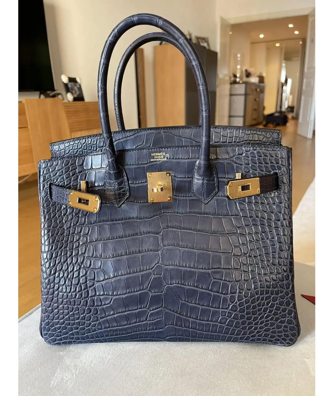 HERMES Темно-синяя сумка с короткими ручками из экзотической кожи, фото 5