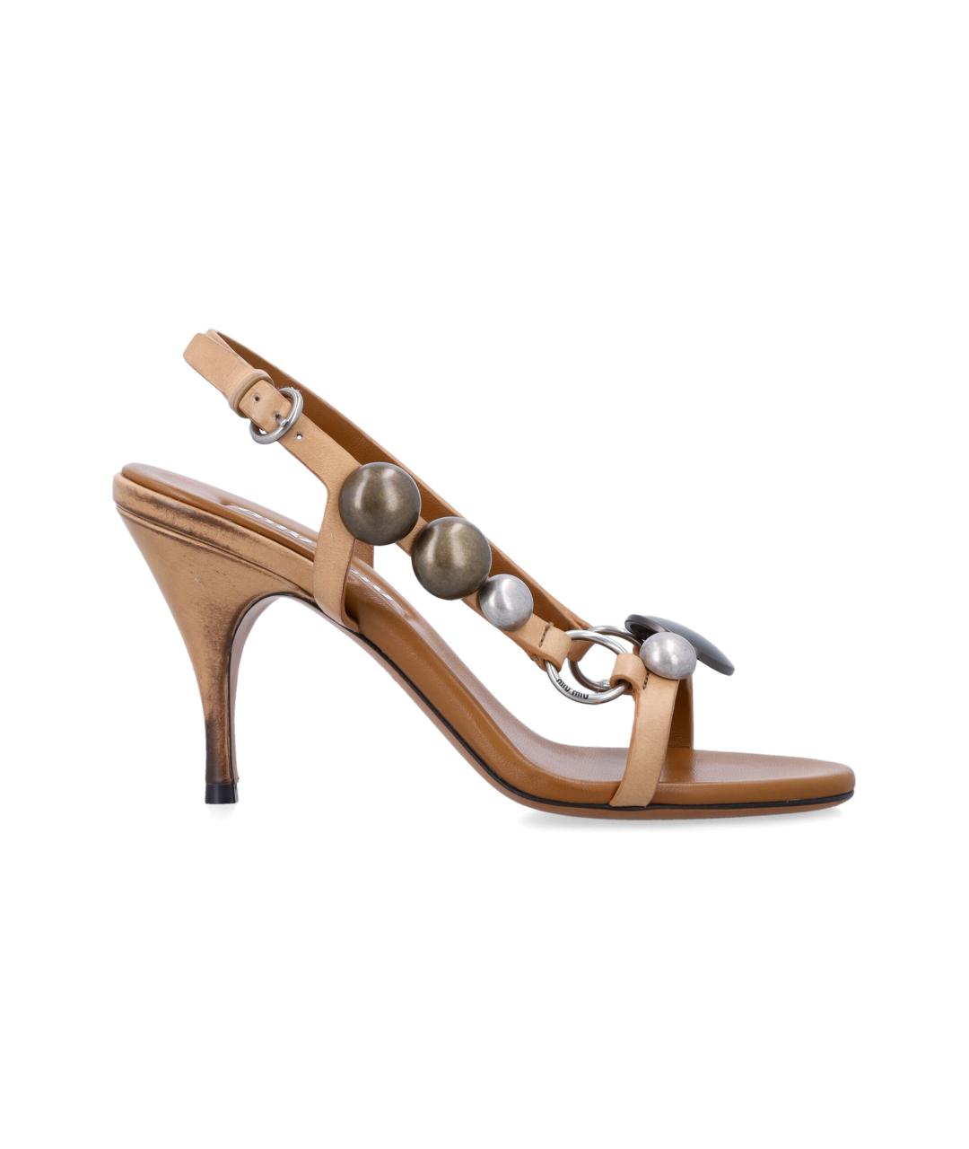 MIU MIU Бежевые кожаные босоножки, фото 4
