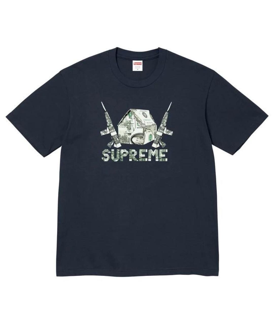 SUPREME Темно-синяя хлопковая футболка, фото 1