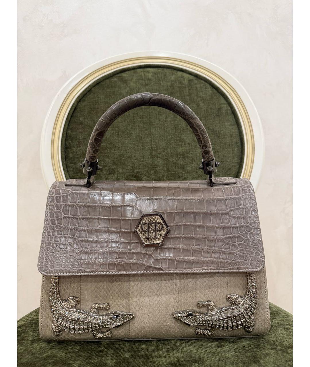 PHILIPP PLEIN Серая сумка с короткими ручками из экзотической кожи, фото 7