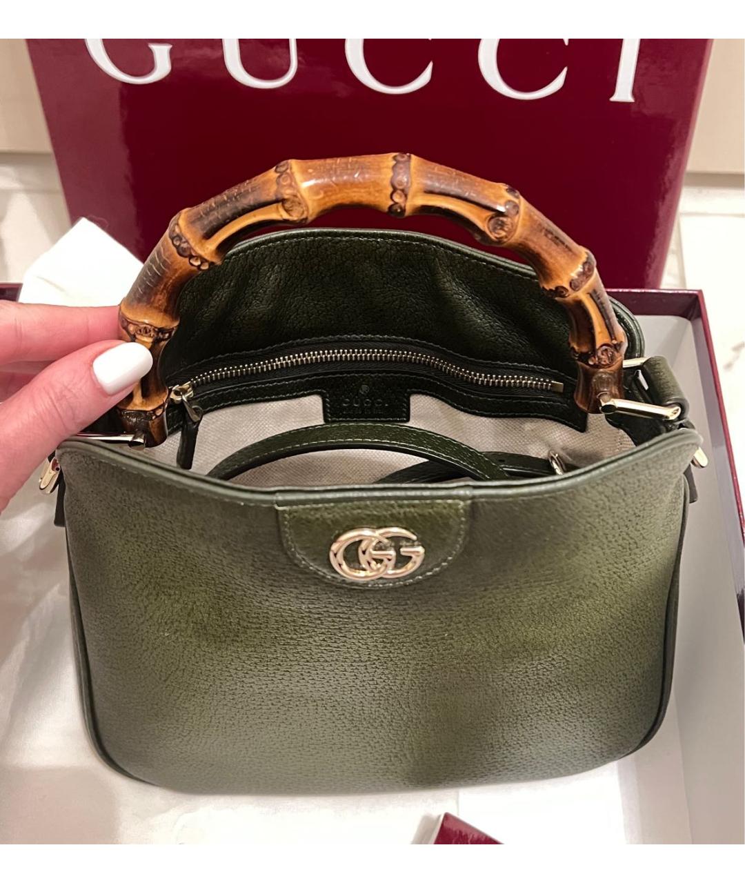 GUCCI Хаки кожаная сумка с короткими ручками, фото 4