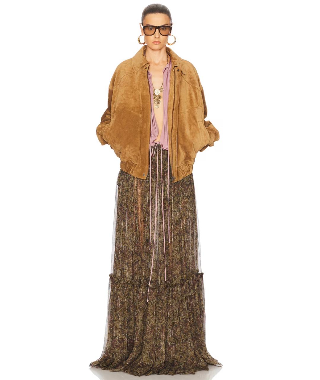 SAINT LAURENT Хаки шелковая юбка макси, фото 4