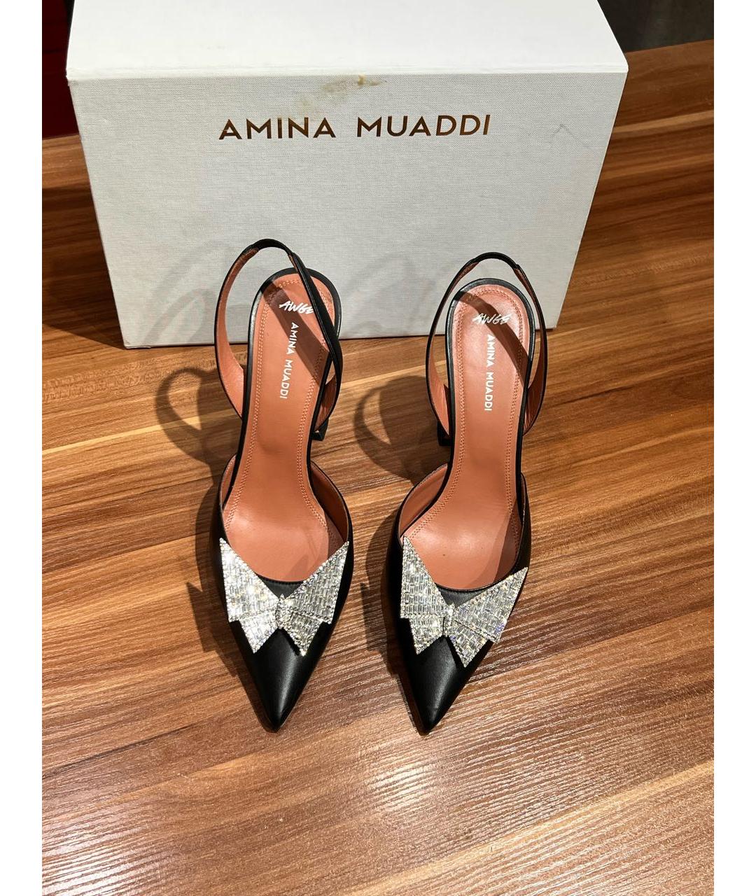 Amina Muaddi Черные кожаные босоножки, фото 2