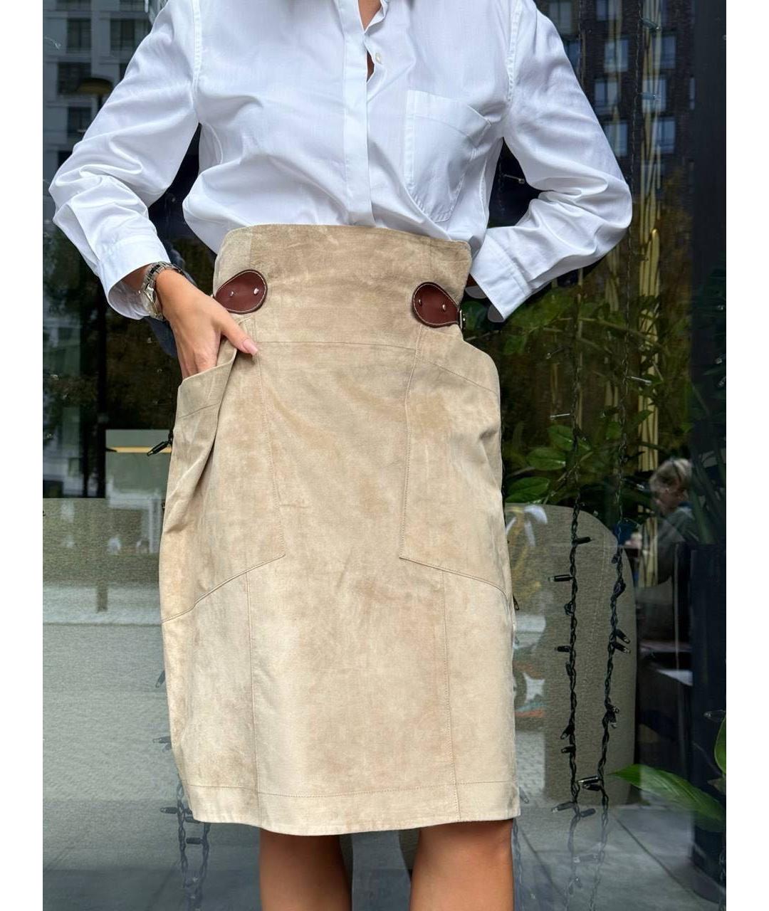 BOTTEGA VENETA Бежевая замшевая юбка миди, фото 5