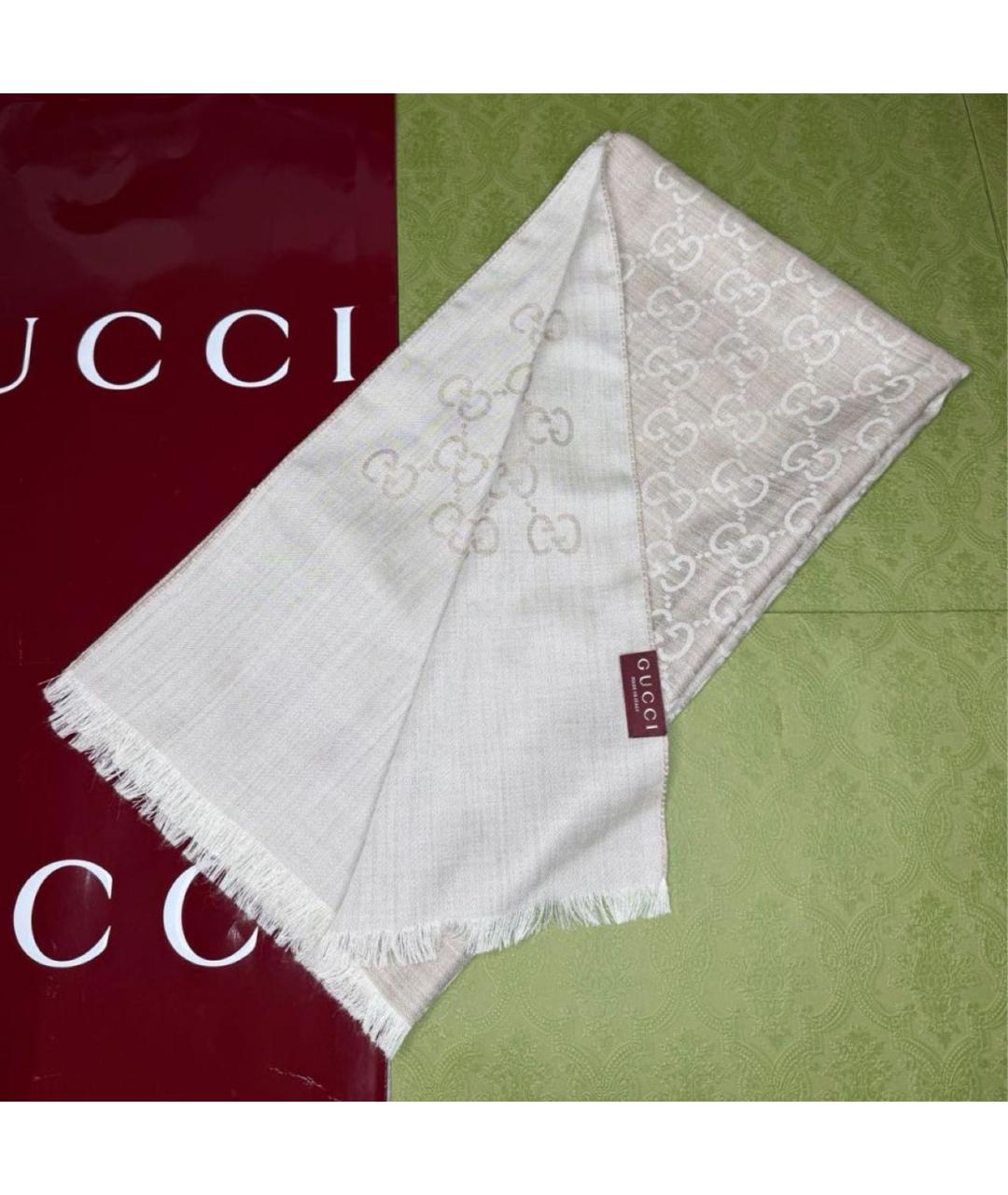 GUCCI Бежевый шерстяной шарф, фото 2