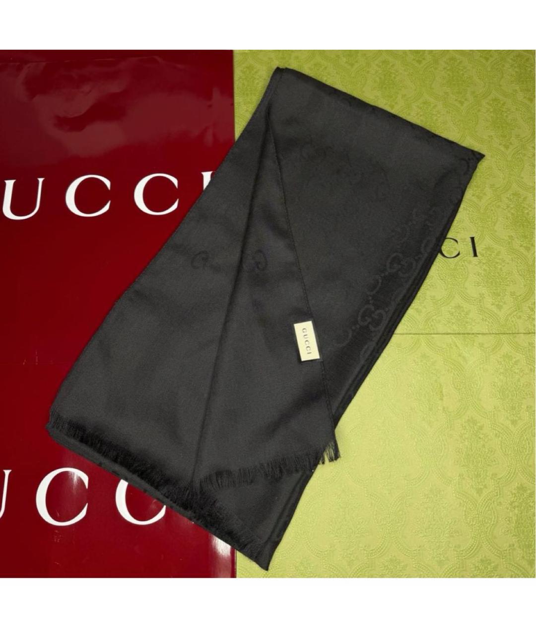GUCCI Черный шерстяной шарф, фото 2
