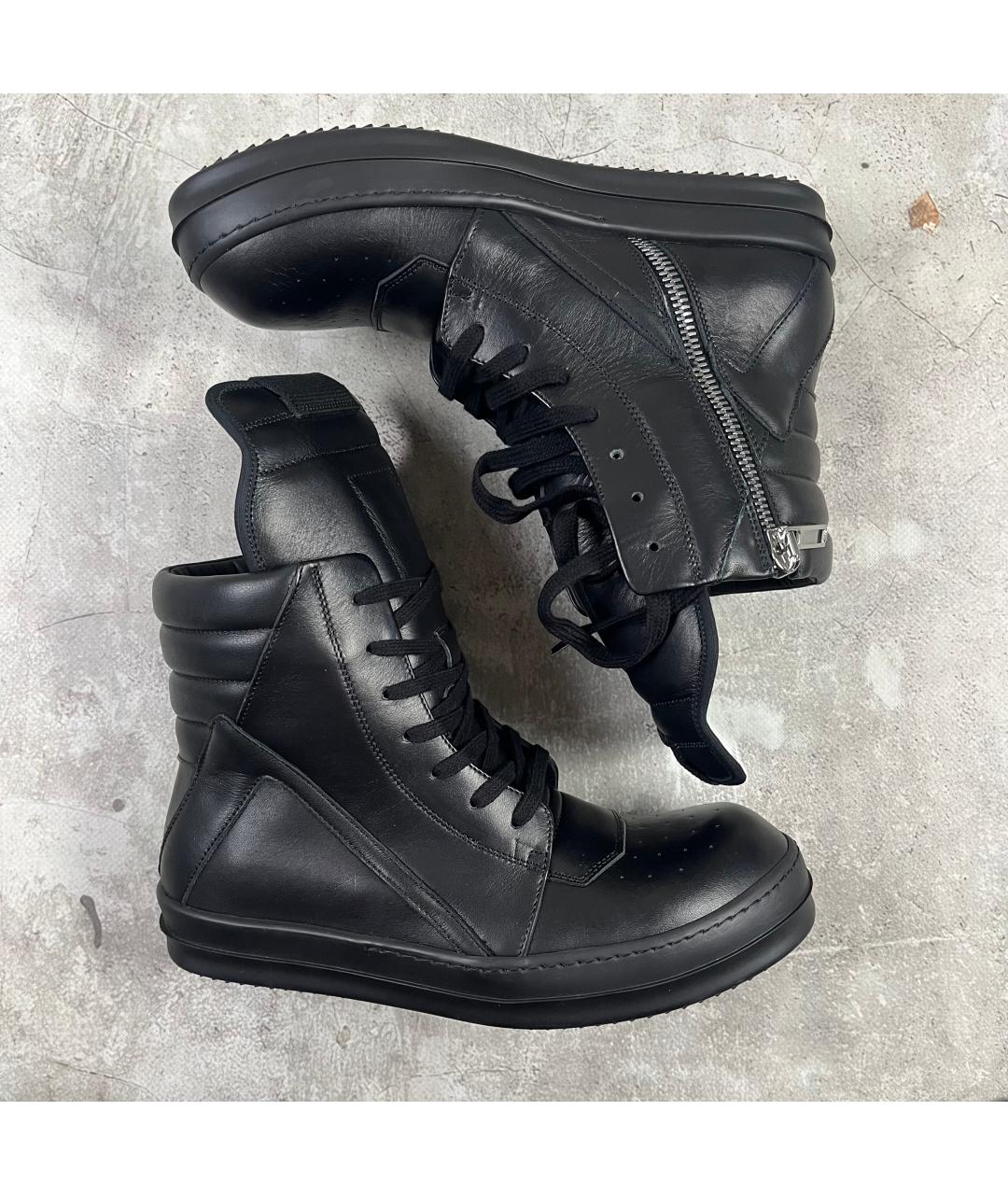 RICK OWENS Черные кожаные высокие кроссовки / кеды, фото 4
