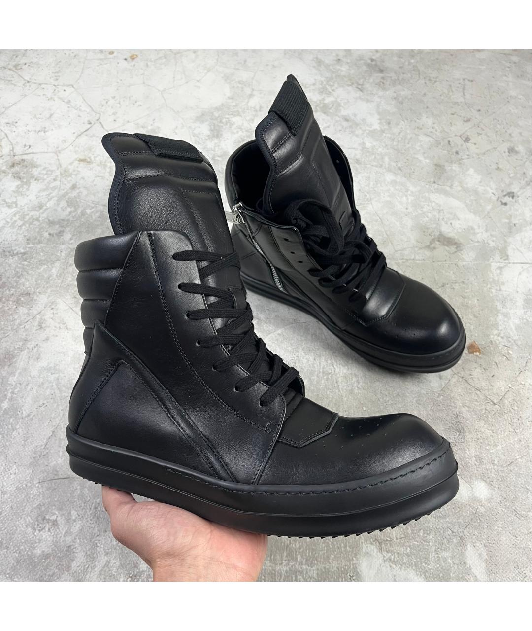 RICK OWENS Черные кожаные высокие кроссовки / кеды, фото 2