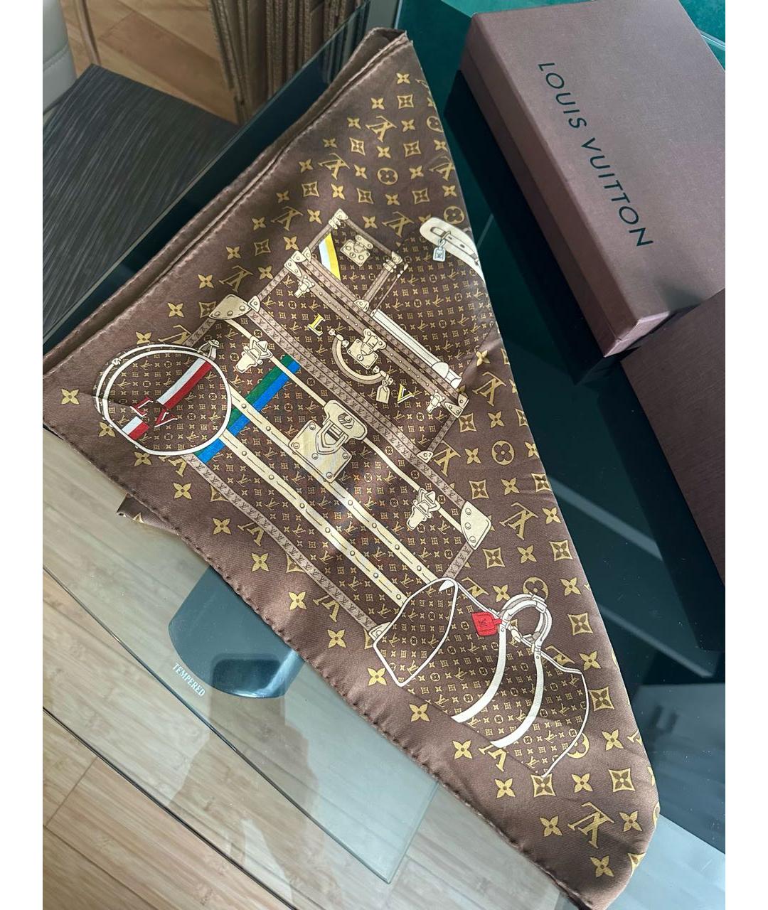 LOUIS VUITTON Коричневый шелковый платок, фото 3