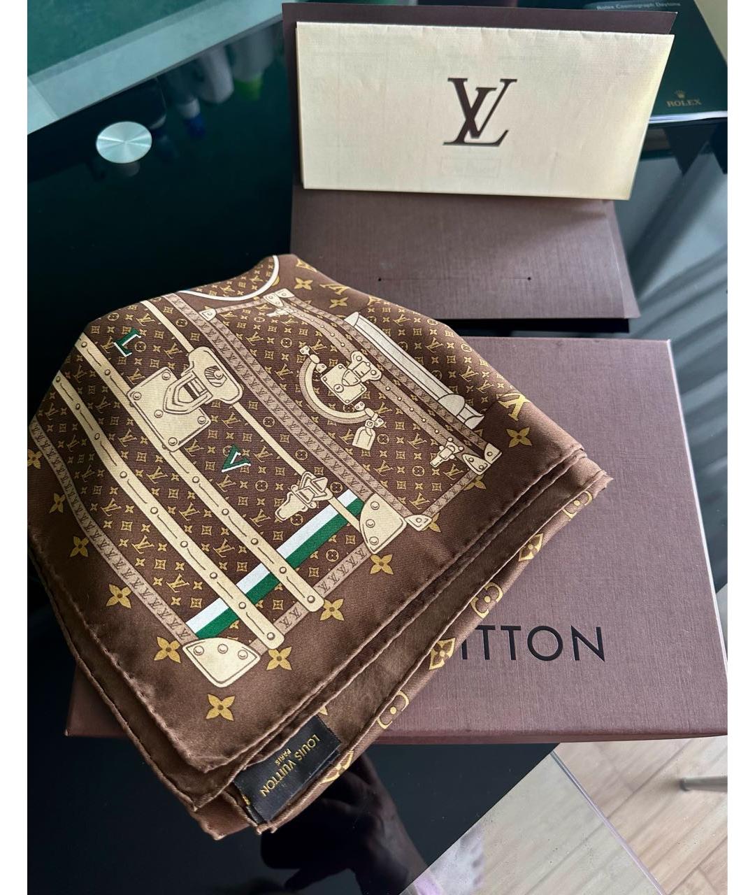 LOUIS VUITTON Коричневый шелковый платок, фото 2