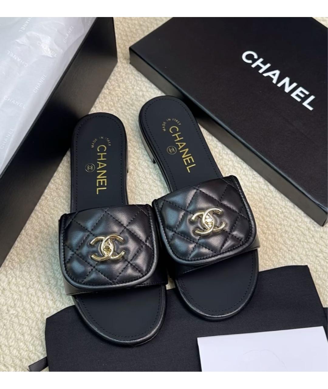 CHANEL Черные кожаные шлепанцы, фото 6