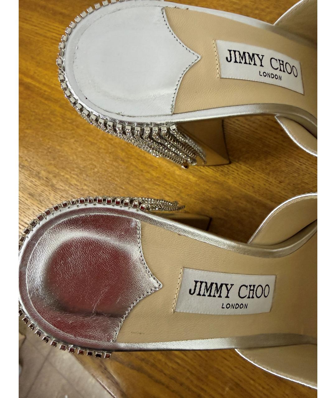 JIMMY CHOO Серебряные кожаные мюли, фото 6