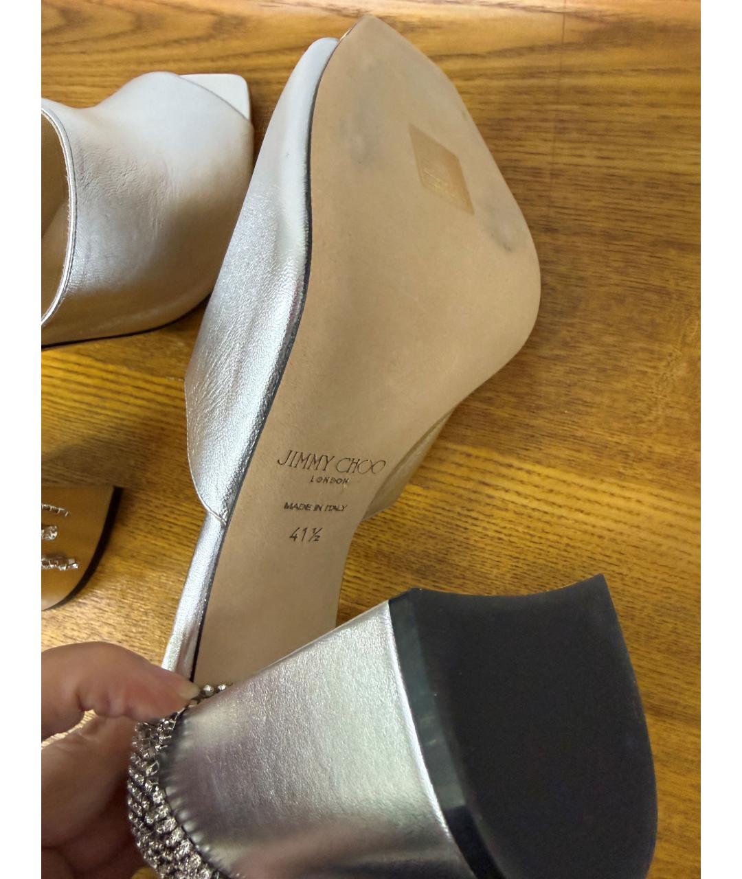 JIMMY CHOO Серебряные кожаные мюли, фото 7