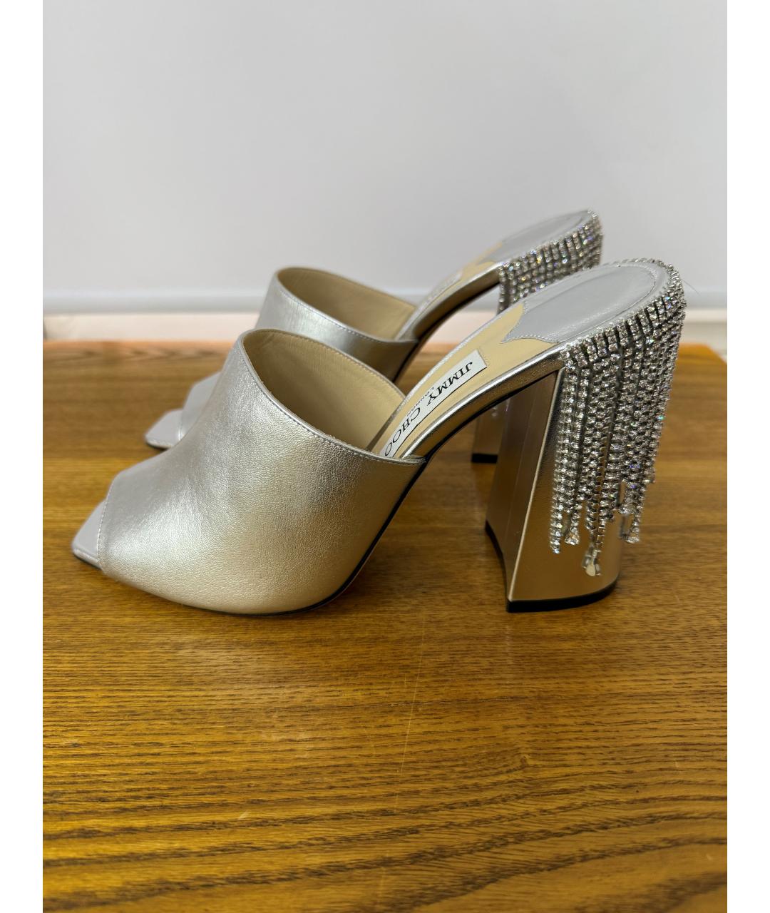 JIMMY CHOO Серебряные кожаные мюли, фото 2