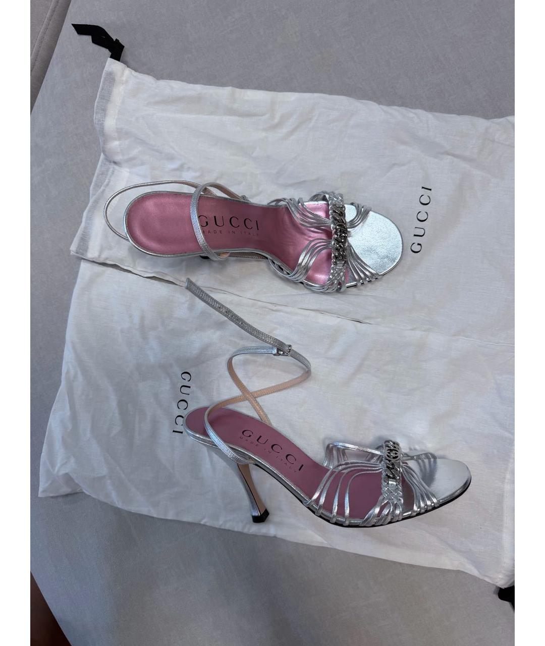 GUCCI Серебряные кожаные босоножки, фото 5