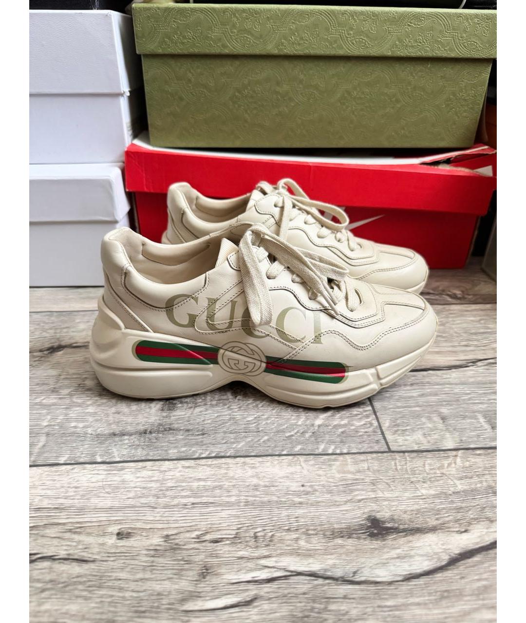 GUCCI Бежевые кожаные низкие кроссовки / кеды, фото 9