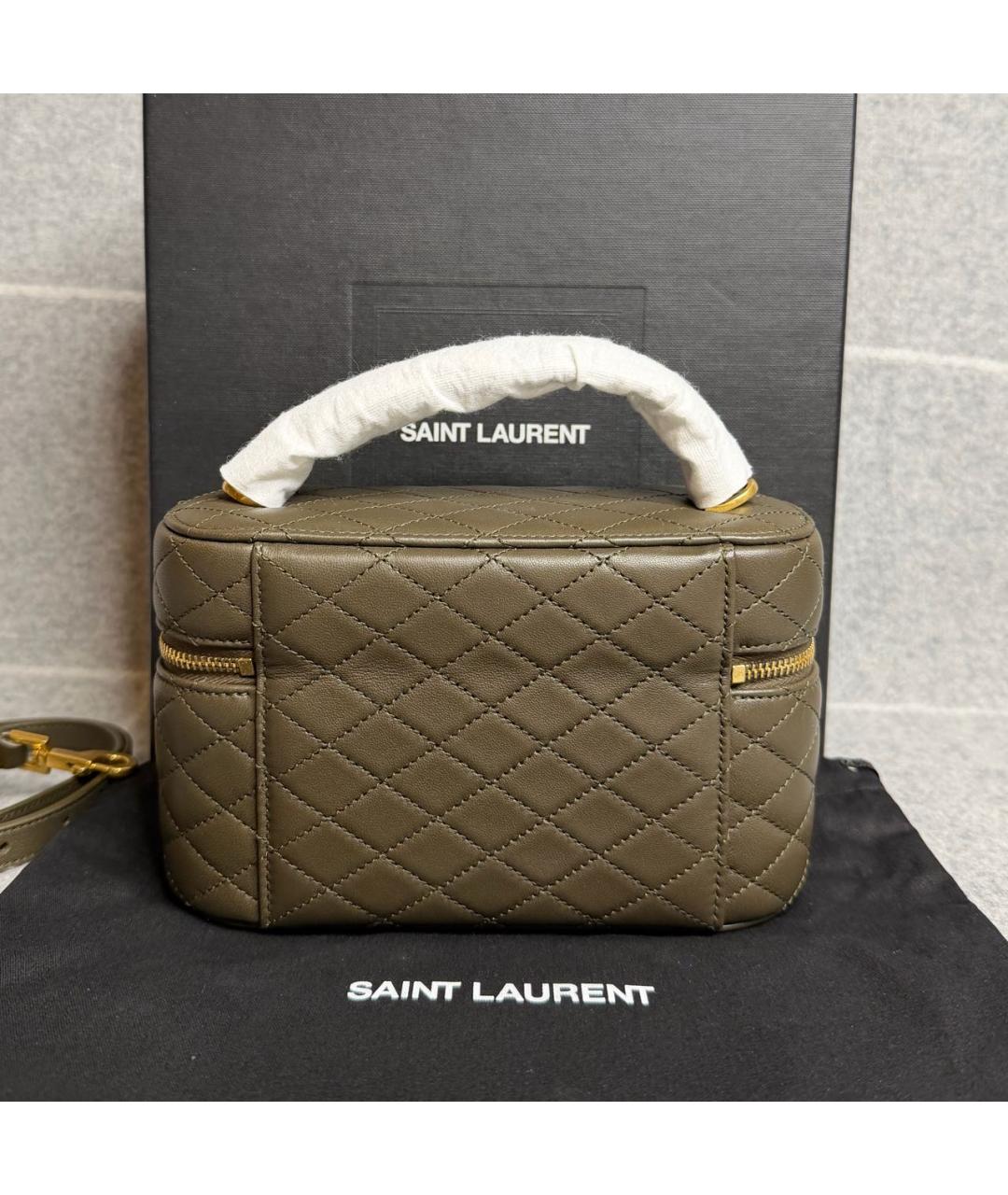 SAINT LAURENT Хаки кожаная сумка с короткими ручками, фото 4