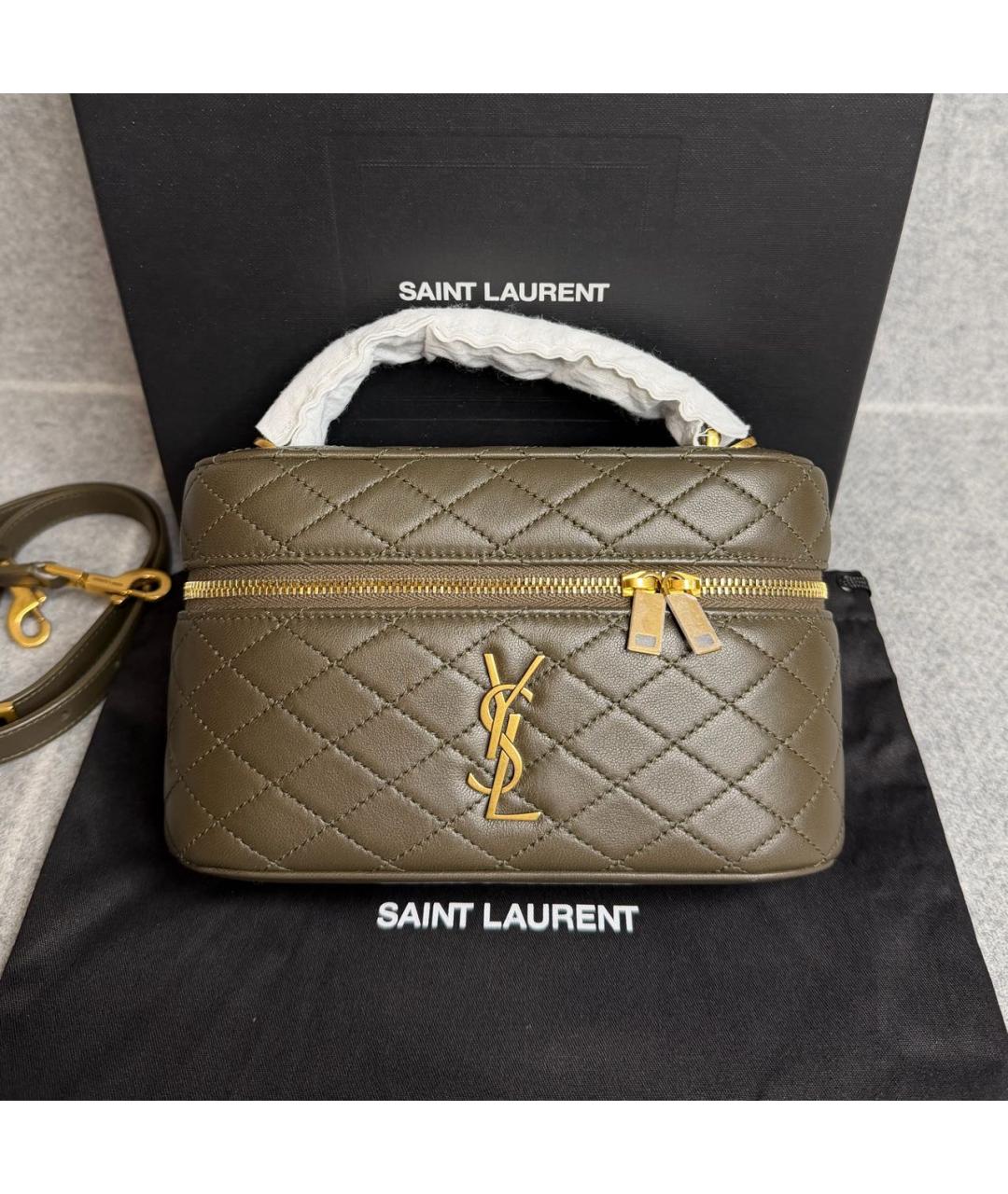 SAINT LAURENT Хаки кожаная сумка с короткими ручками, фото 3