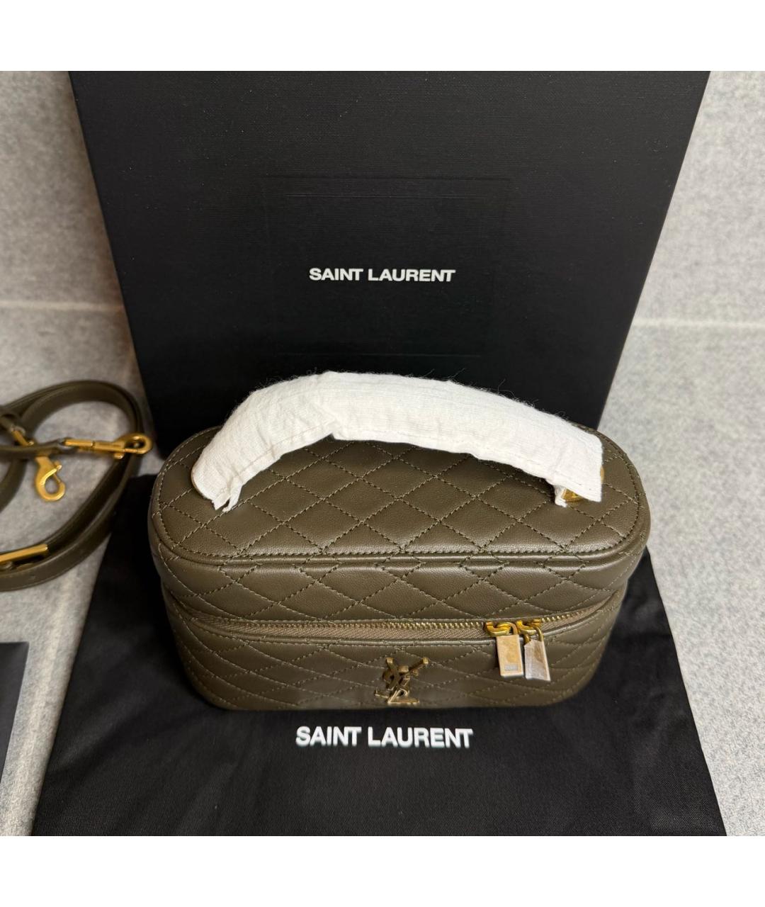 SAINT LAURENT Хаки кожаная сумка с короткими ручками, фото 5