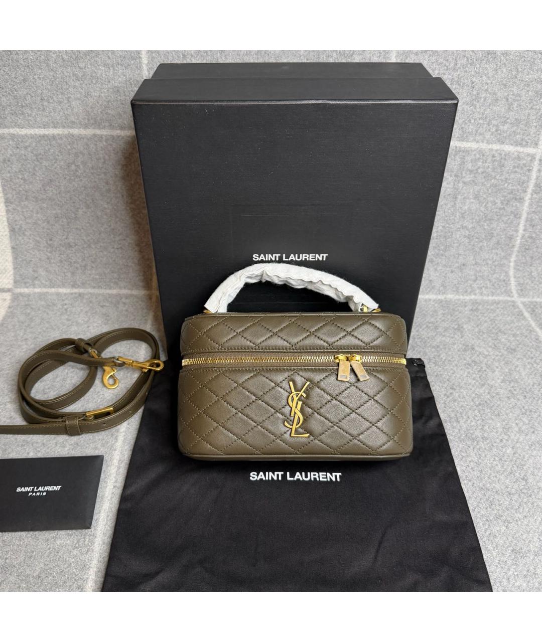 SAINT LAURENT Хаки кожаная сумка с короткими ручками, фото 2