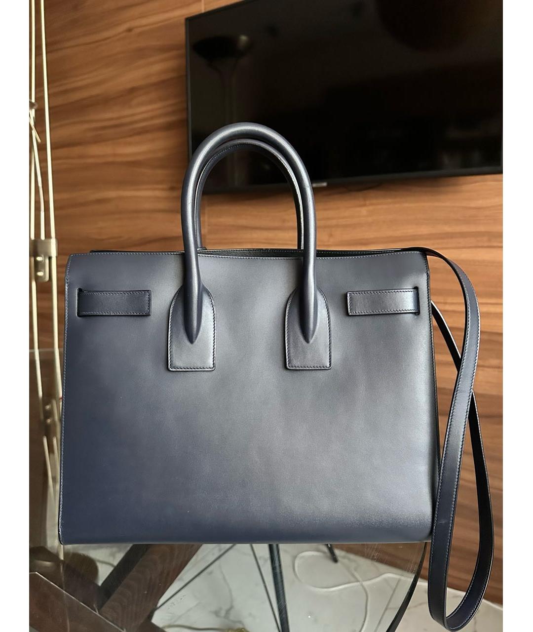 SAINT LAURENT Темно-синяя кожаная сумка с короткими ручками, фото 3