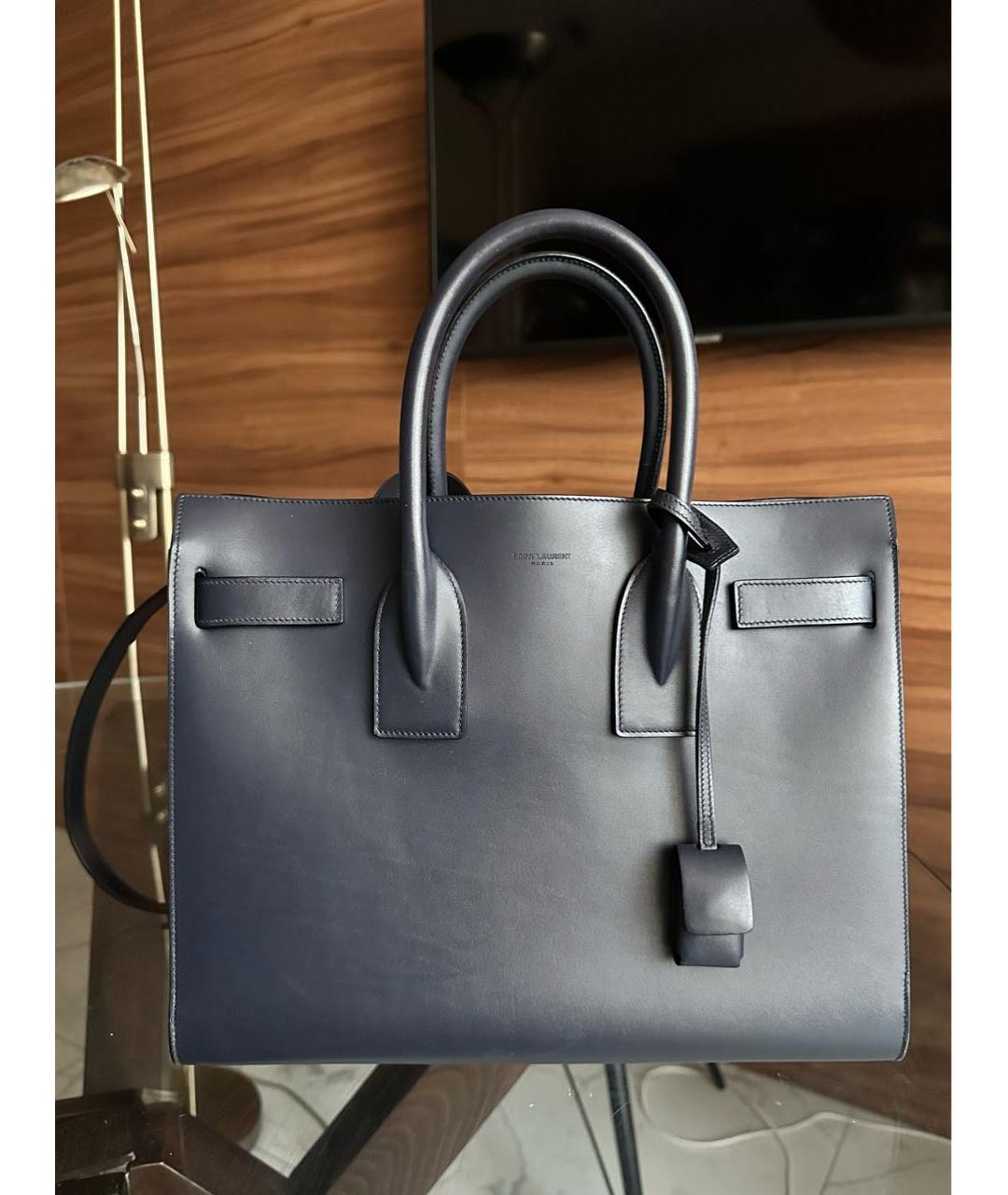 SAINT LAURENT Темно-синяя кожаная сумка с короткими ручками, фото 8