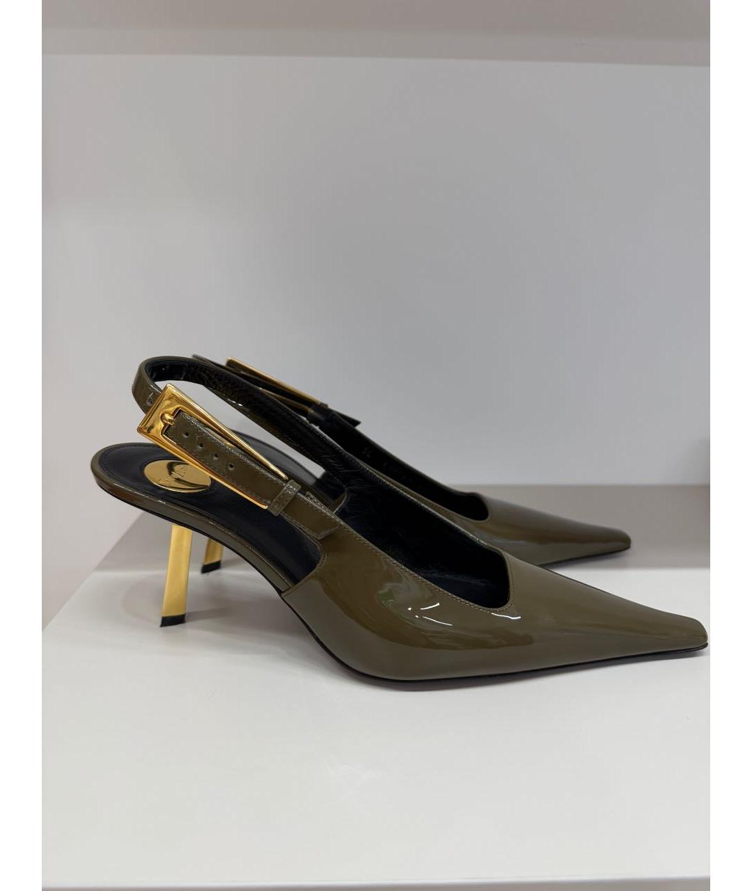 SAINT LAURENT Хаки лодочки на низком каблуке из лакированной кожи, фото 8
