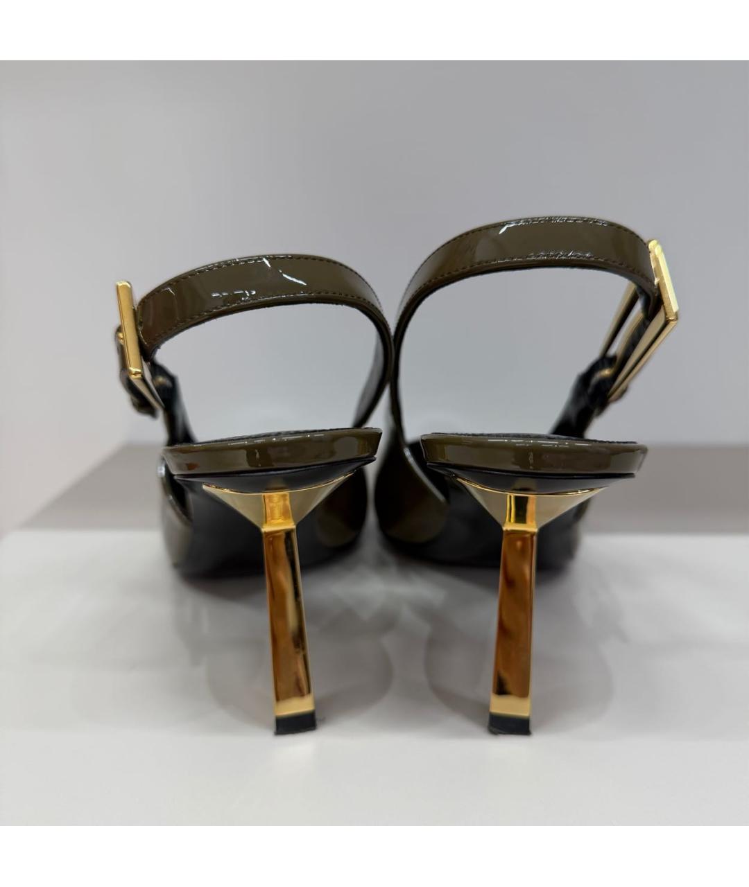 SAINT LAURENT Хаки лодочки на низком каблуке из лакированной кожи, фото 3