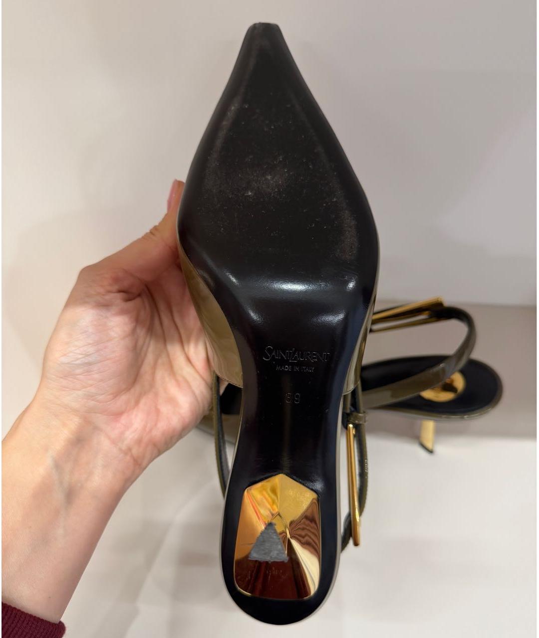 SAINT LAURENT Хаки лодочки на низком каблуке из лакированной кожи, фото 4