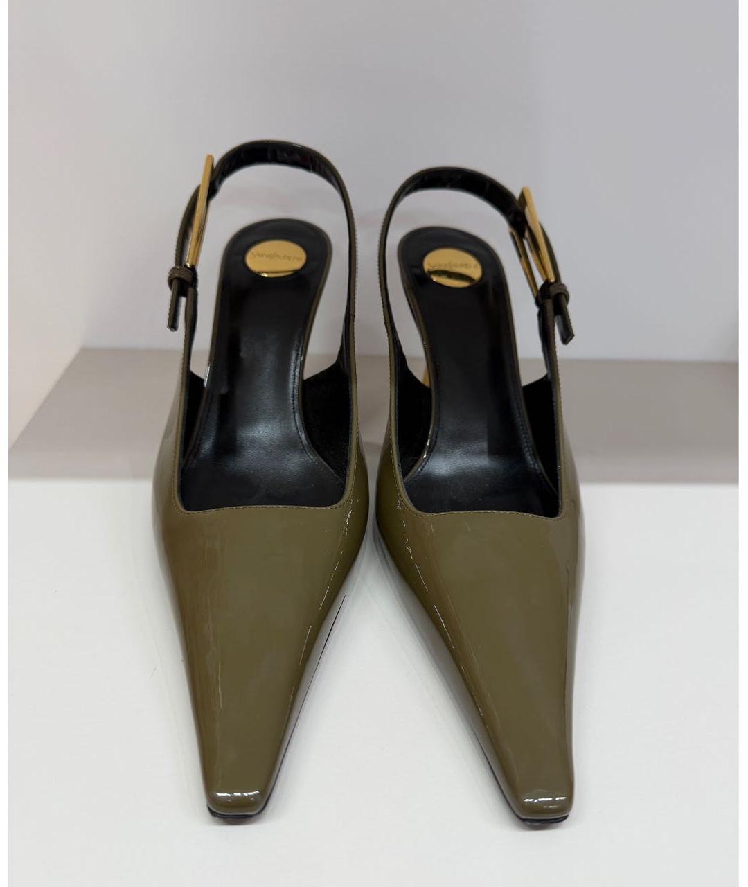 SAINT LAURENT Хаки лодочки на низком каблуке из лакированной кожи, фото 2