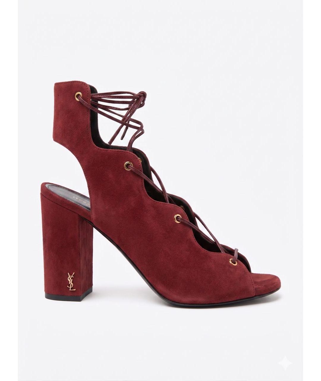 SAINT LAURENT Бордовые замшевые босоножки, фото 6