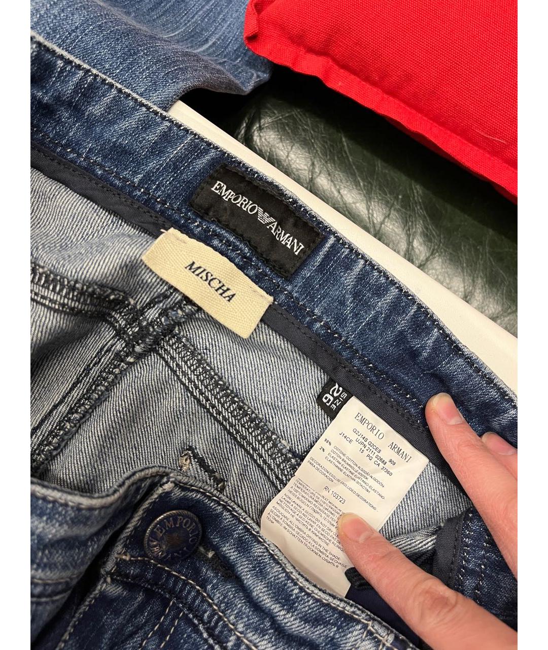 EMPORIO ARMANI Синие хлопко-эластановые джинсы слим, фото 5